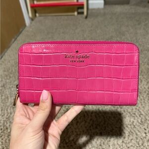 kate spade Hot Pink Croc-Embossed Zip Wallet with Gold Logo